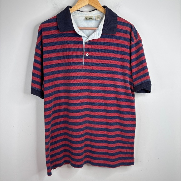VTG LL Bean Stripe Polo Shirt M 90s Preppy Golf Coastal Yacht Rugby Academia - Picture 1 of 8